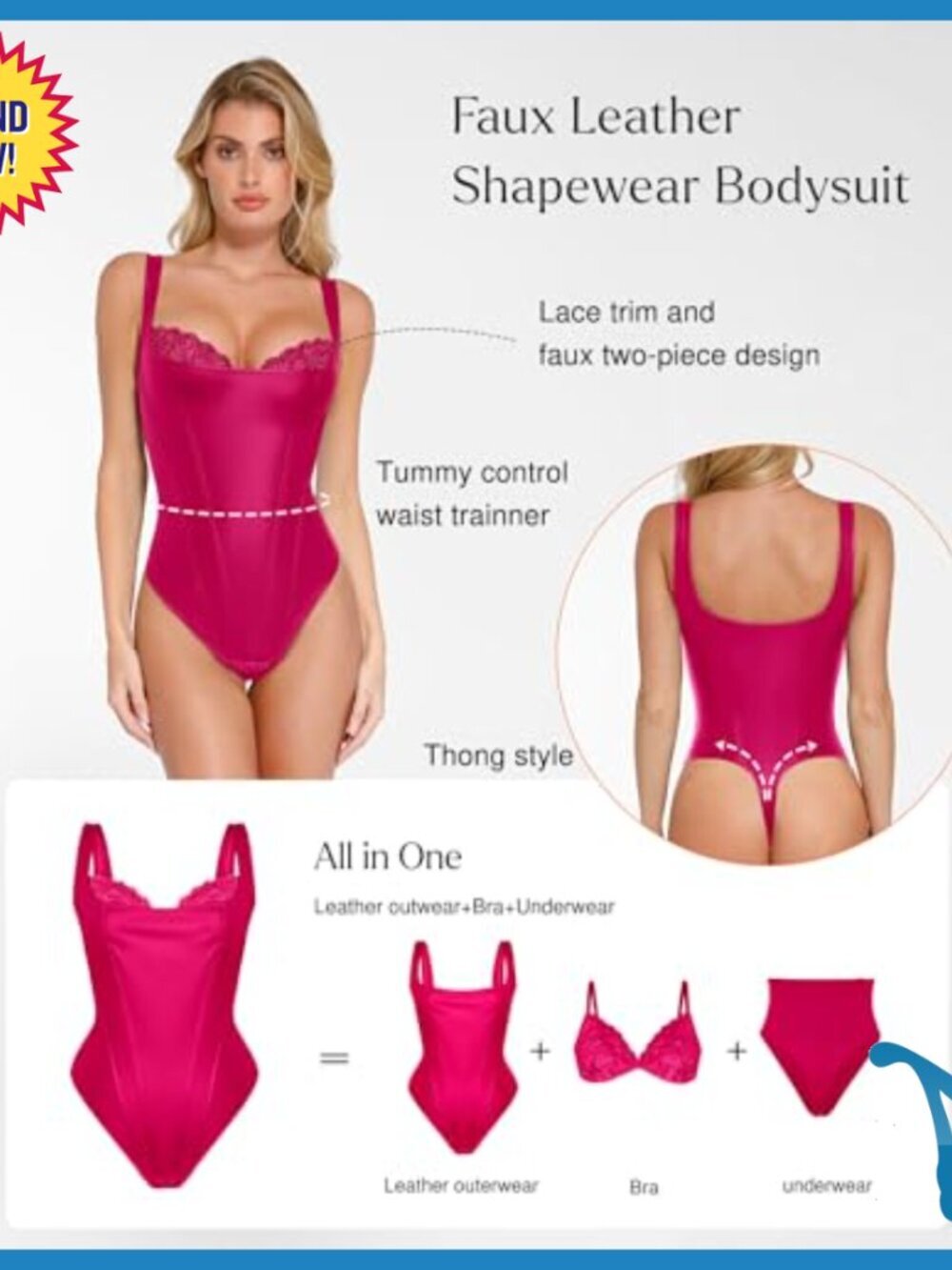 Faux Leather Shapewear Bodysuit with Lace Underwire Tummy Control - Picture 4 of 7